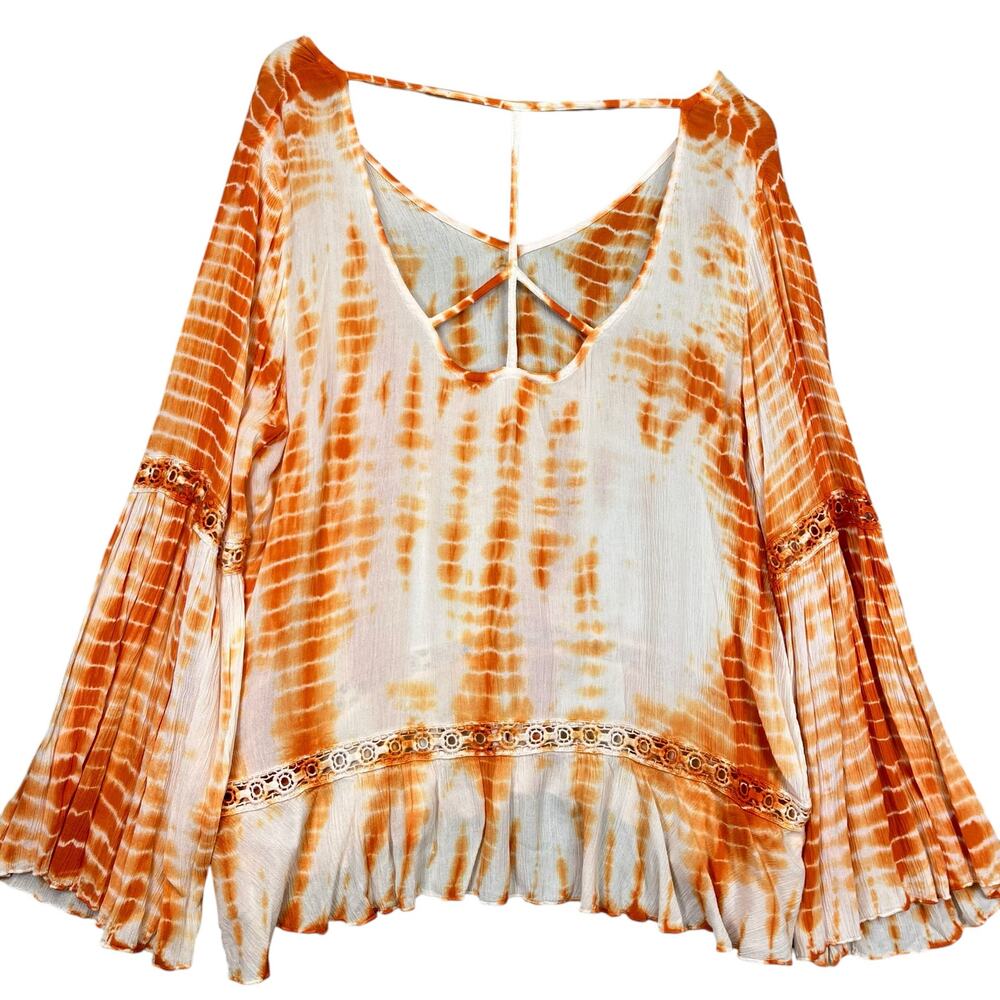 Venus Women’s Orange Tie Dye Boho Retro Oversized Long‎ Bell Sleeve Blouse Large